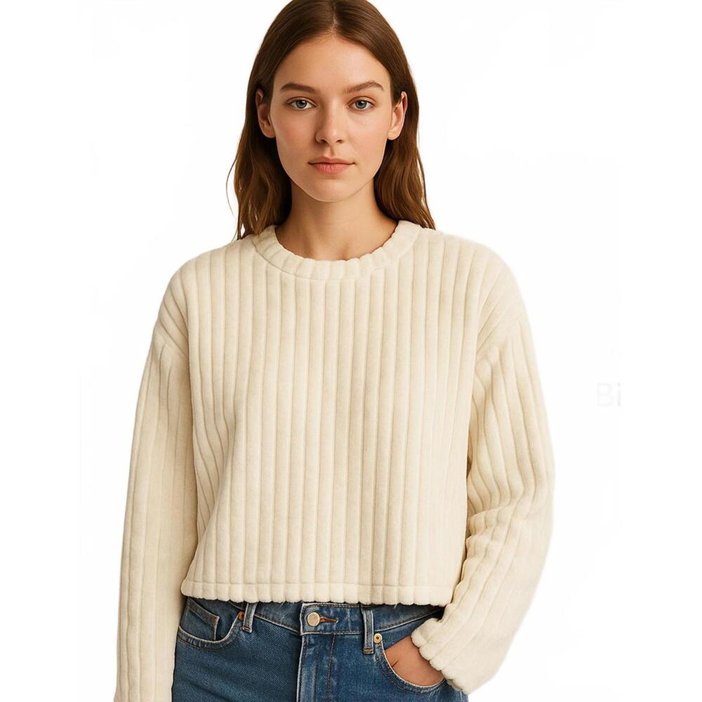 Zara Trafaluc Plush Ribbed Textured Cream Sweater Women’s L